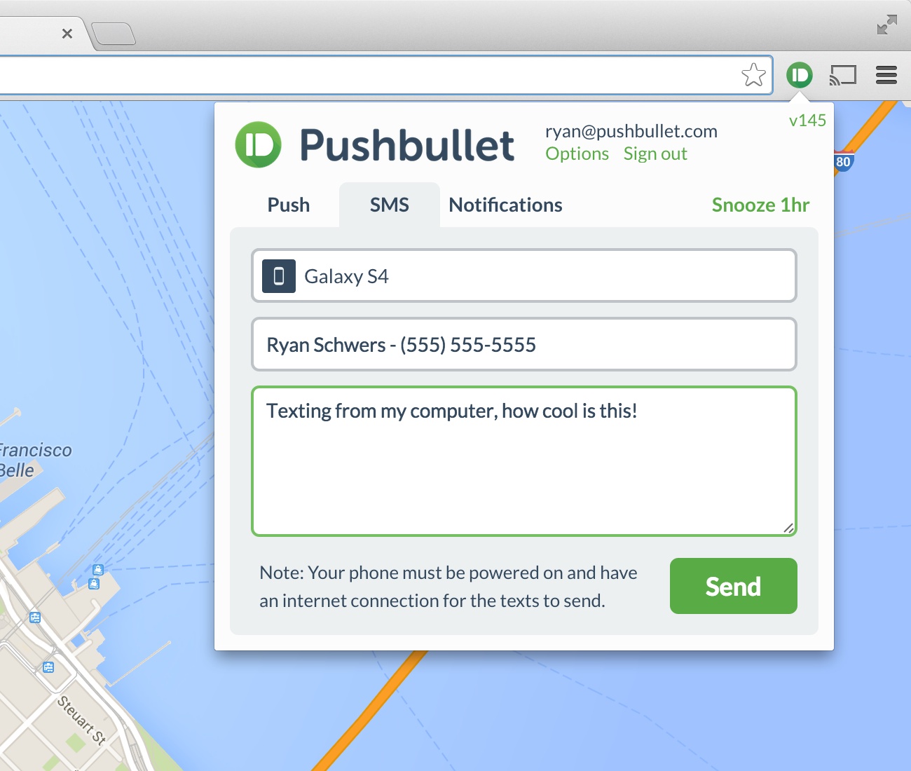 open pushbullet app for texts to send